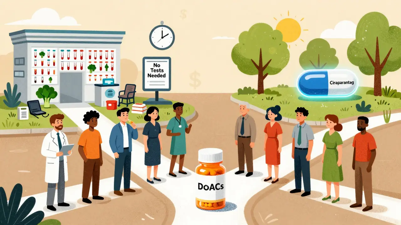 Patients at a crossroads choosing between complex warfarin care and simpler DOAC lifestyle.