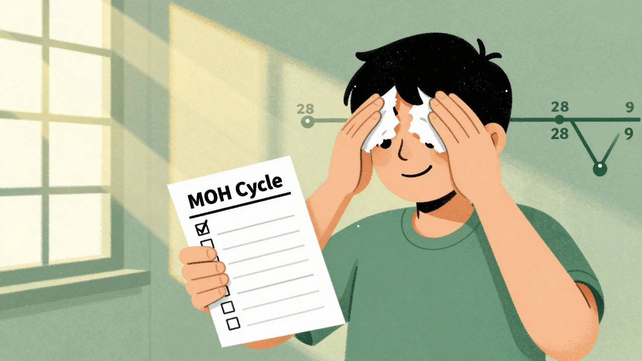 Person tearing up a prescription pad while holding a headache diary, sunlight symbolizing recovery from medication overuse.