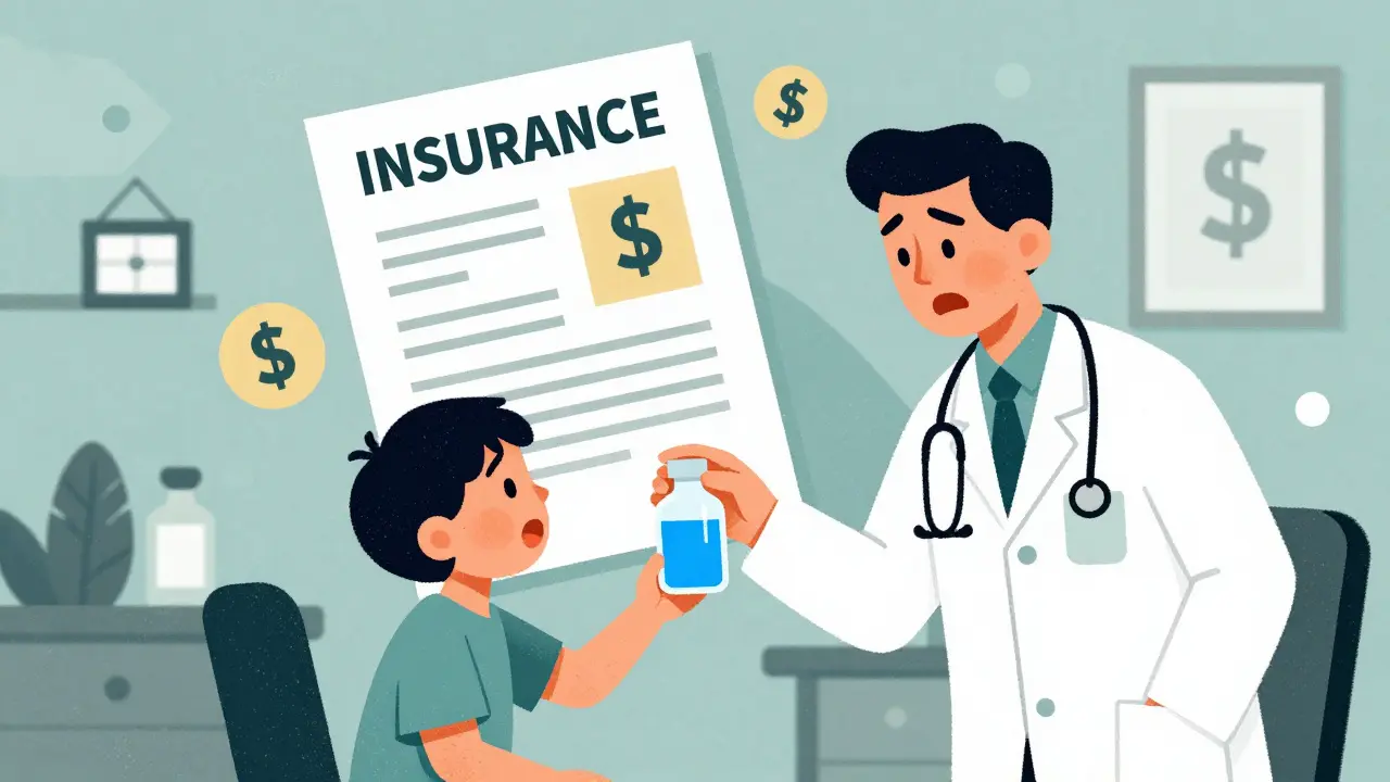 Pharmacist giving new blue liquid medication to child who recoils, parent looks alarmed in clinic.