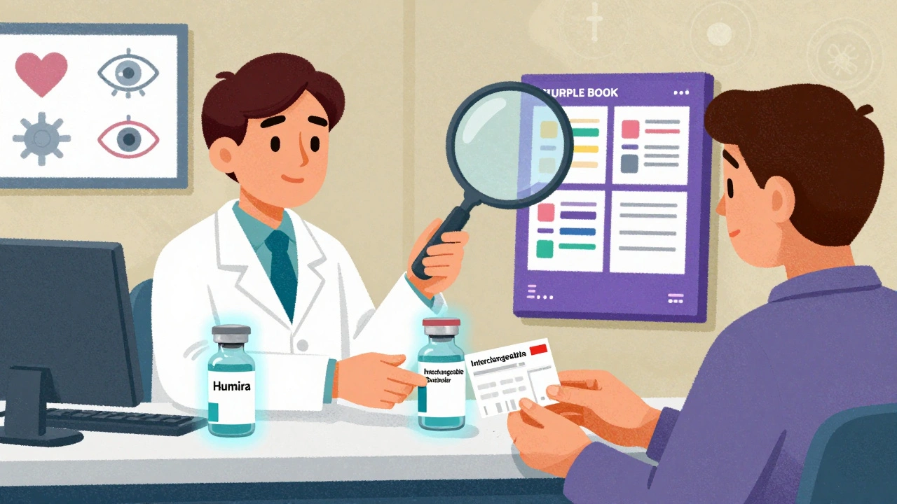 Pharmacist handing a prescription with two glowing insulin vials, one labeled interchangeable