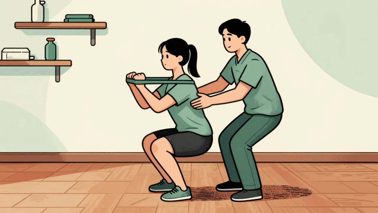 Physical therapist guiding patient in slow squat with resistance band at home.