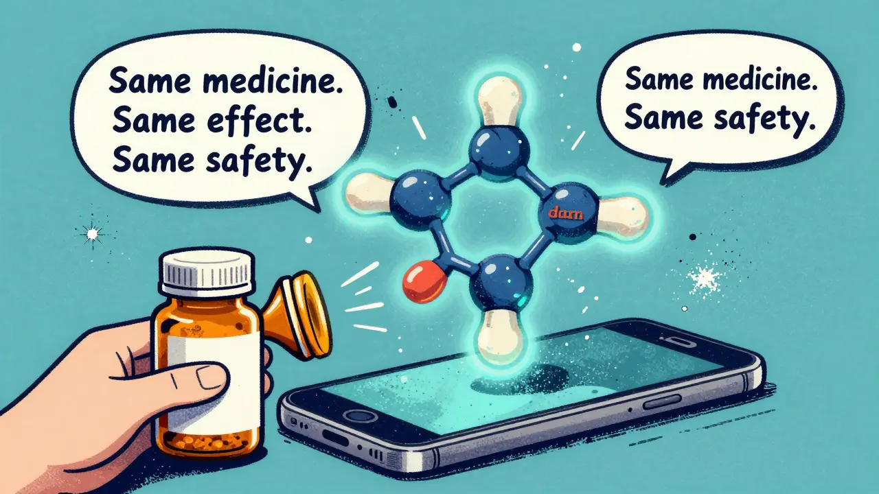 Smartphone scanning a pill bottle to reveal matching 3D molecular structures of brand and generic drugs.