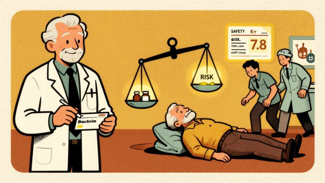 Split illustration: doctor prescribing Bactrim vs. emergency scene with high potassium reading, screenprint aesthetic.