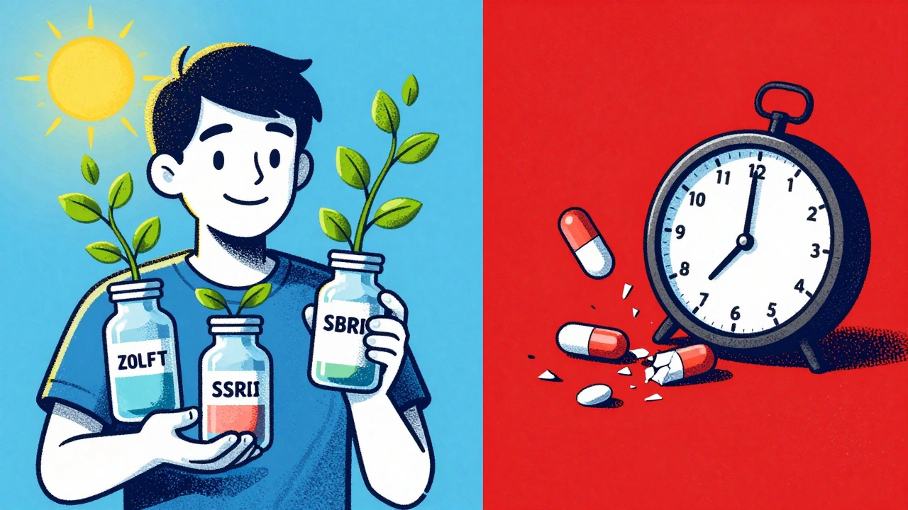 Split image: safe SSRIs with growing vines vs. crumbling benzodiazepine pill and clock.