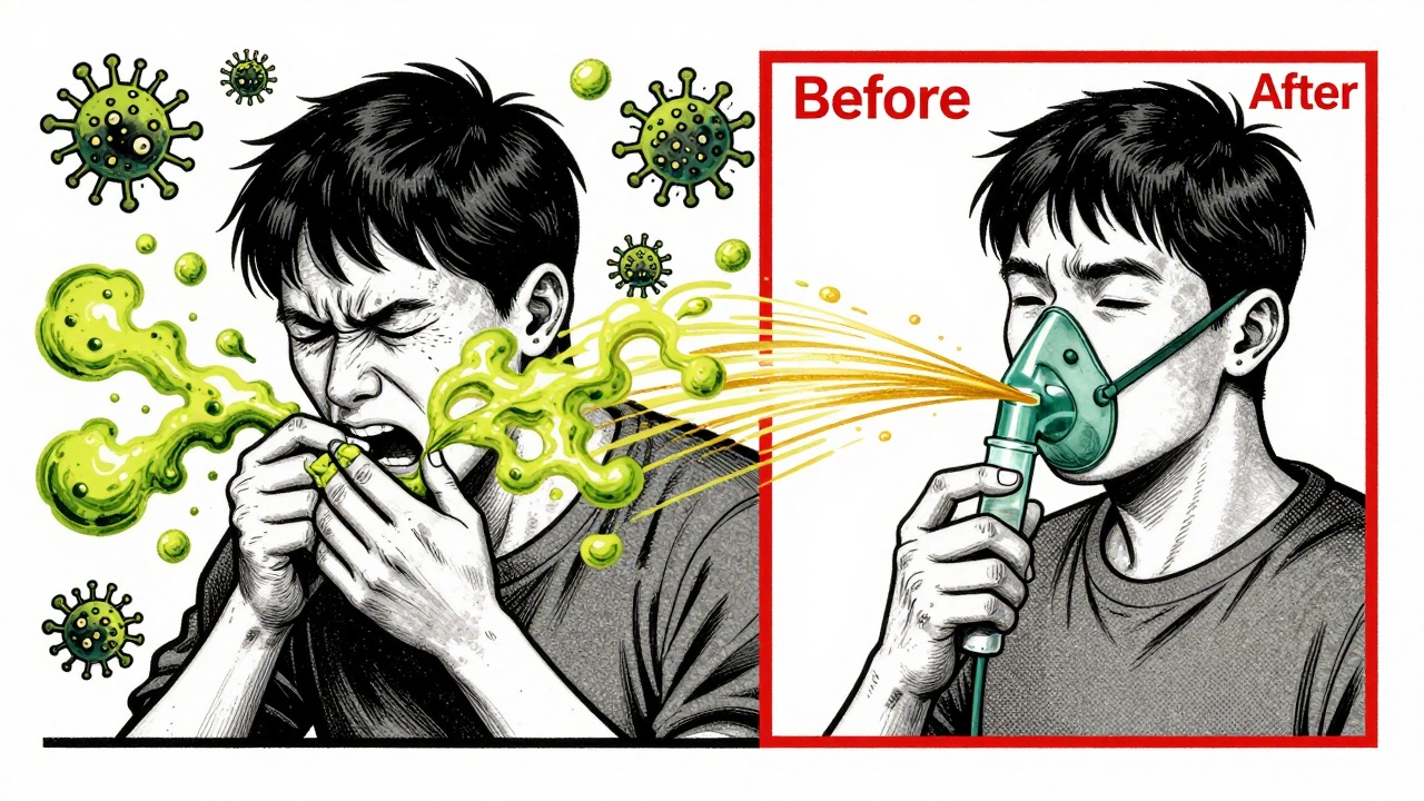 Split image showing unhealthy mucus buildup versus improved clearance with nebulizer treatment.