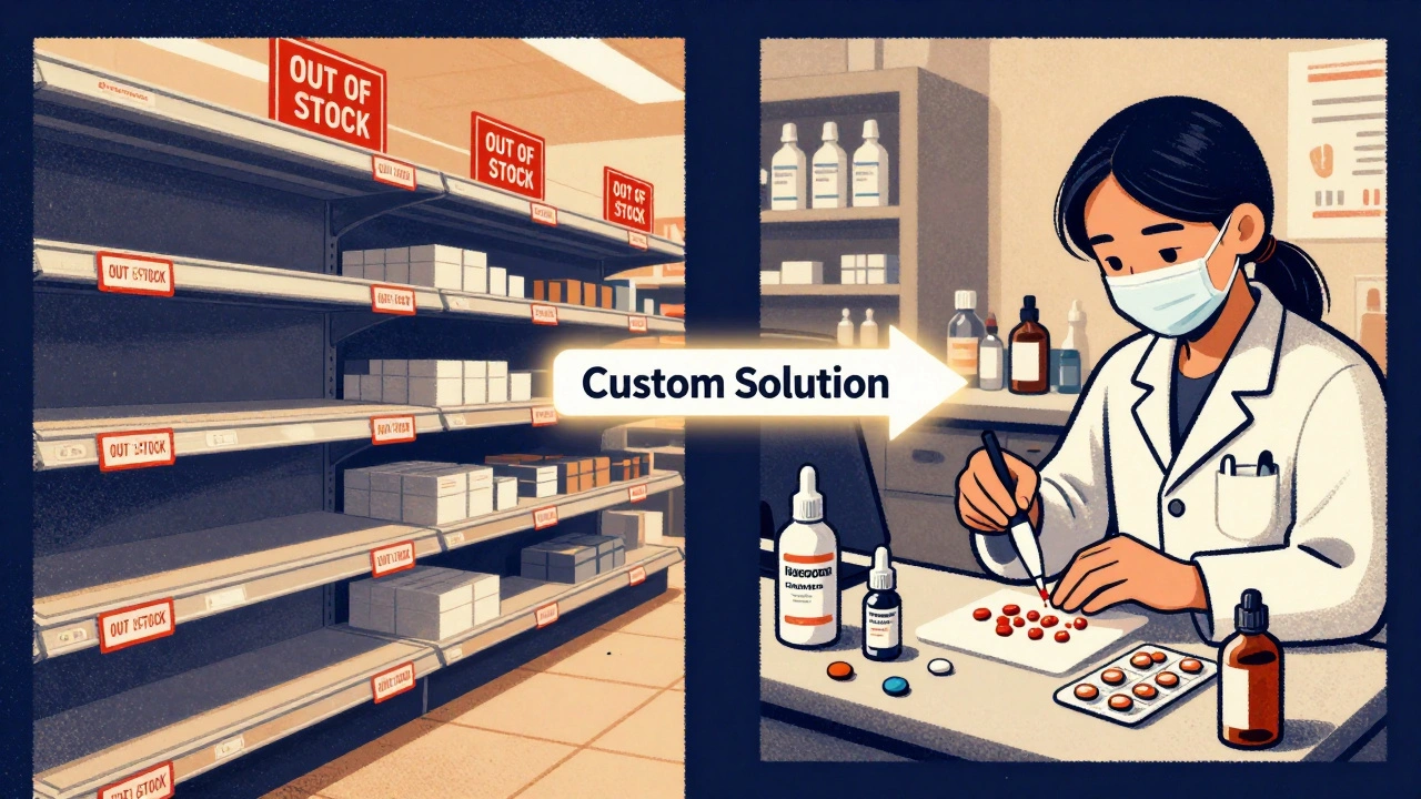 Split scene: empty drugstore shelf vs. custom compounding lab with personalized medications.
