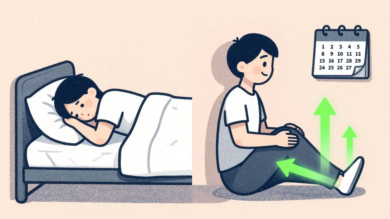 Split scene showing person progressing from inactivity to doing a wall sit with time markers.