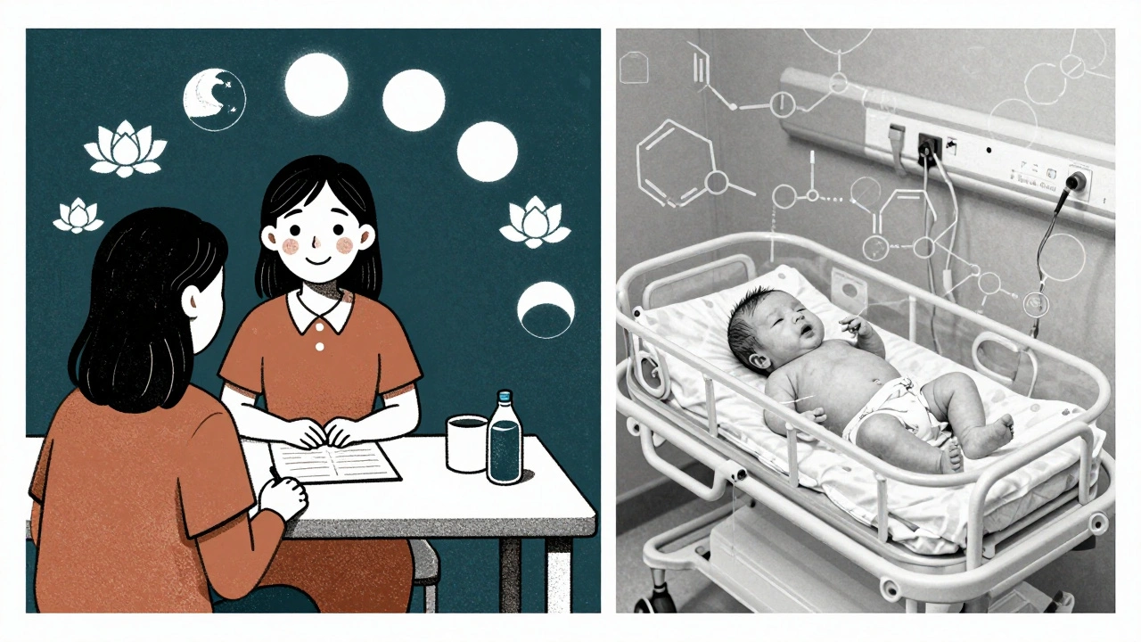 Split scene: woman in therapy vs. premature baby in NICU with chemical symbols.