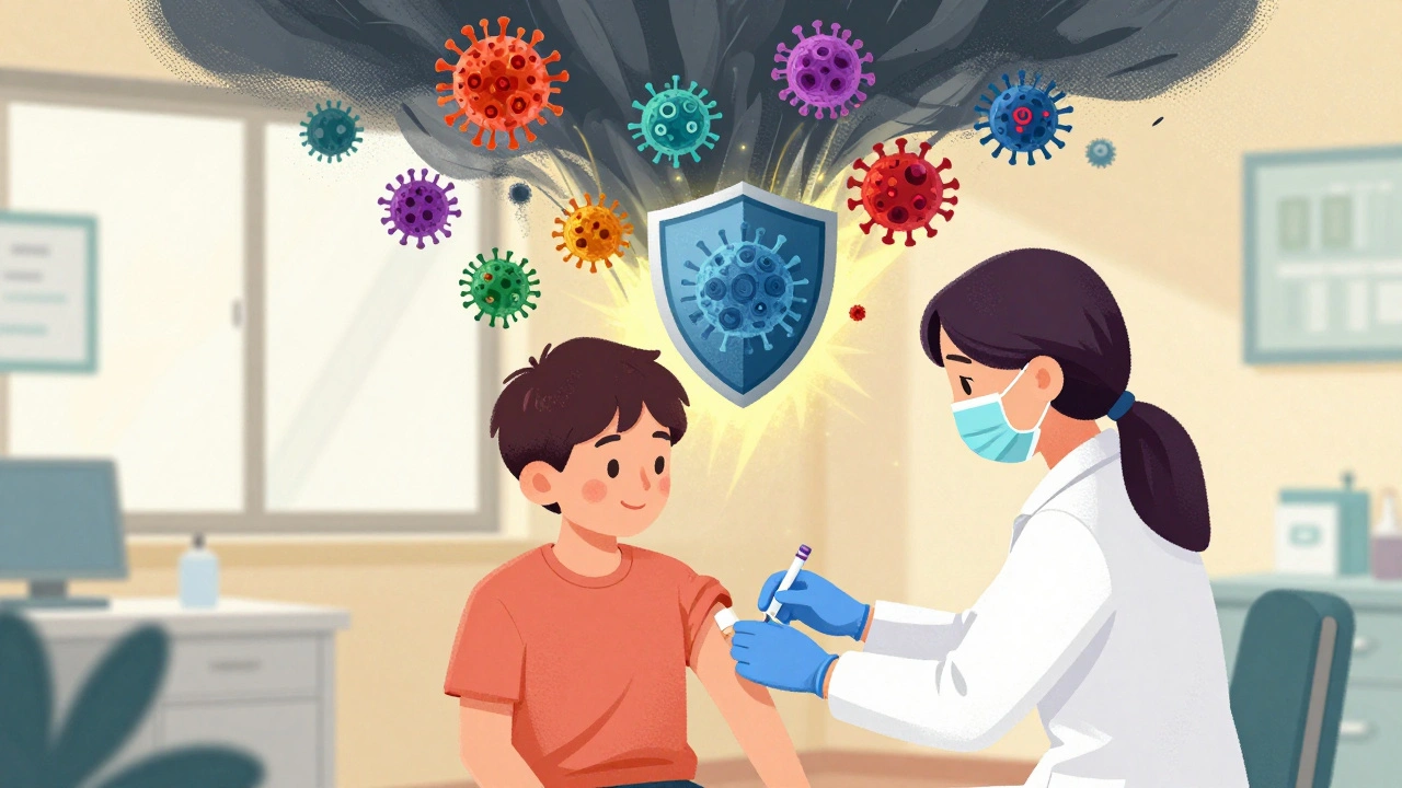 Teen receiving HPV vaccine as protective shield blocks cancer cells, in vintage poster style.