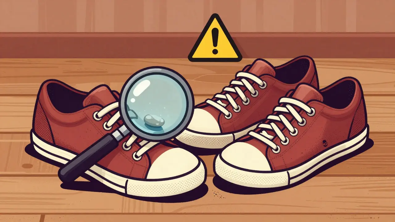 Therapeutic shoes beside worn sneakers, with a magnifying glass revealing hidden pressure points.