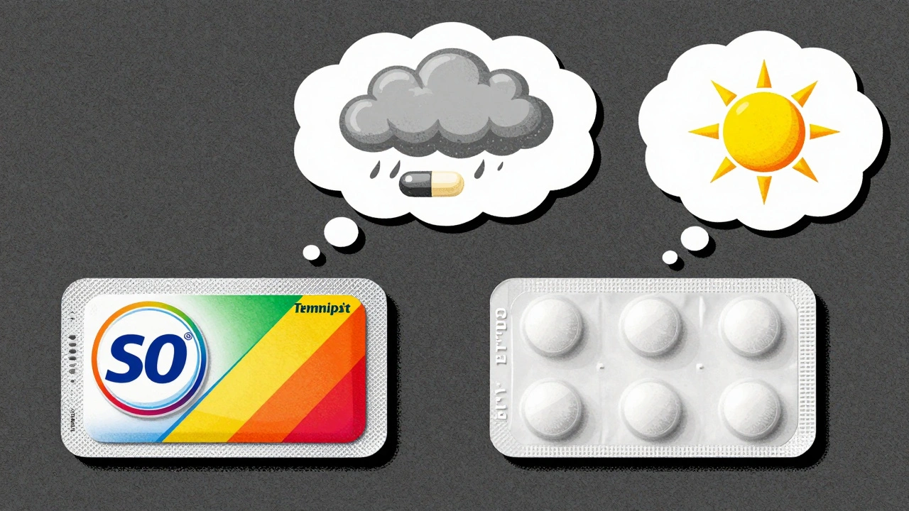 Two identical pills in different packaging, with contrasting thought bubbles showing belief differences.