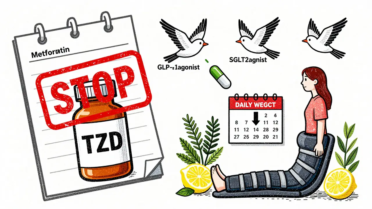 TZD pill stopped with alternative meds flying up, weight tracker below in vintage print style