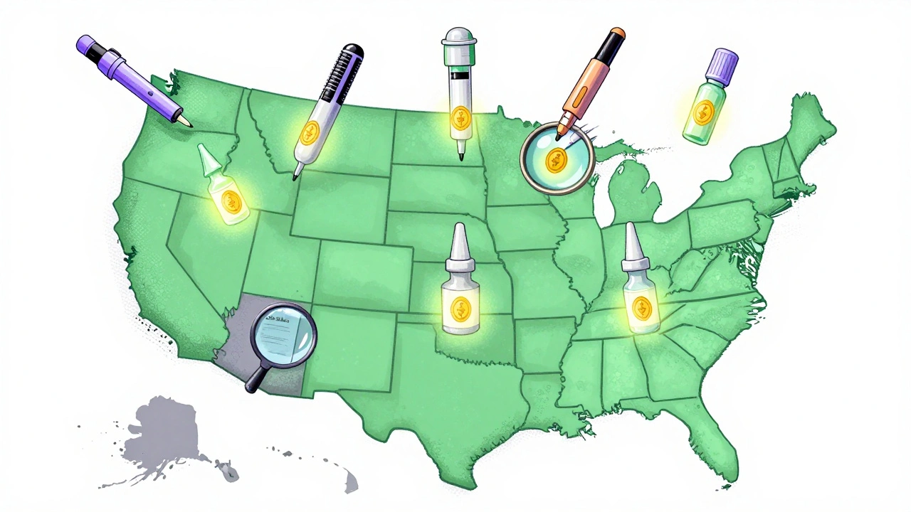 US map with states showing substitution laws, seven medical products with interchangeable badges