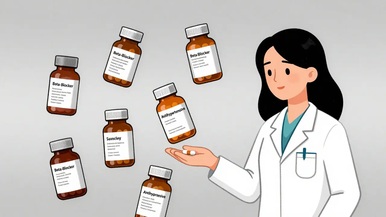 Woman surrounded by floating pill bottles, pharmacist offering a single simplified pill.
