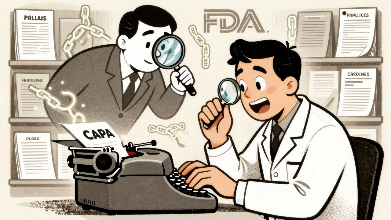 Worker preparing compliance documents as a giant FDA auditor watches overhead.