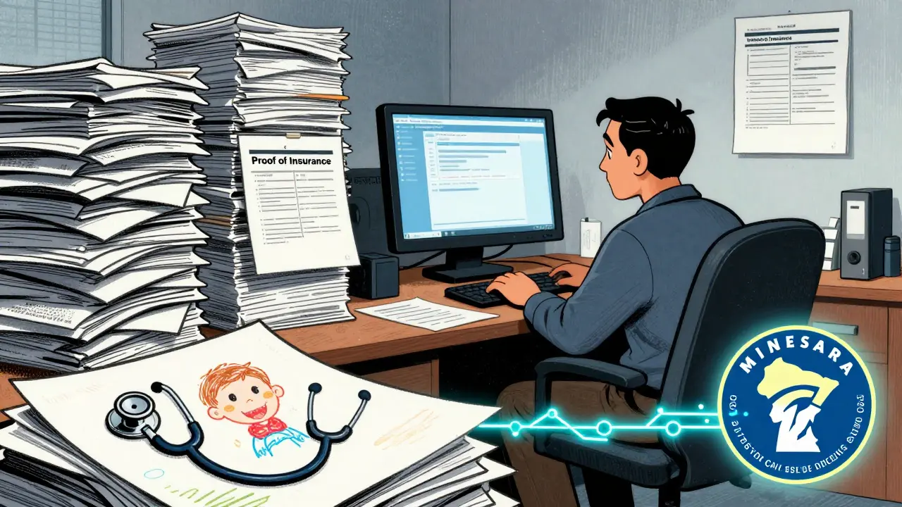 A cluttered Medicaid office with paper piles and a flickering screen, while Minnesota's digital system glows with seamless data flow.