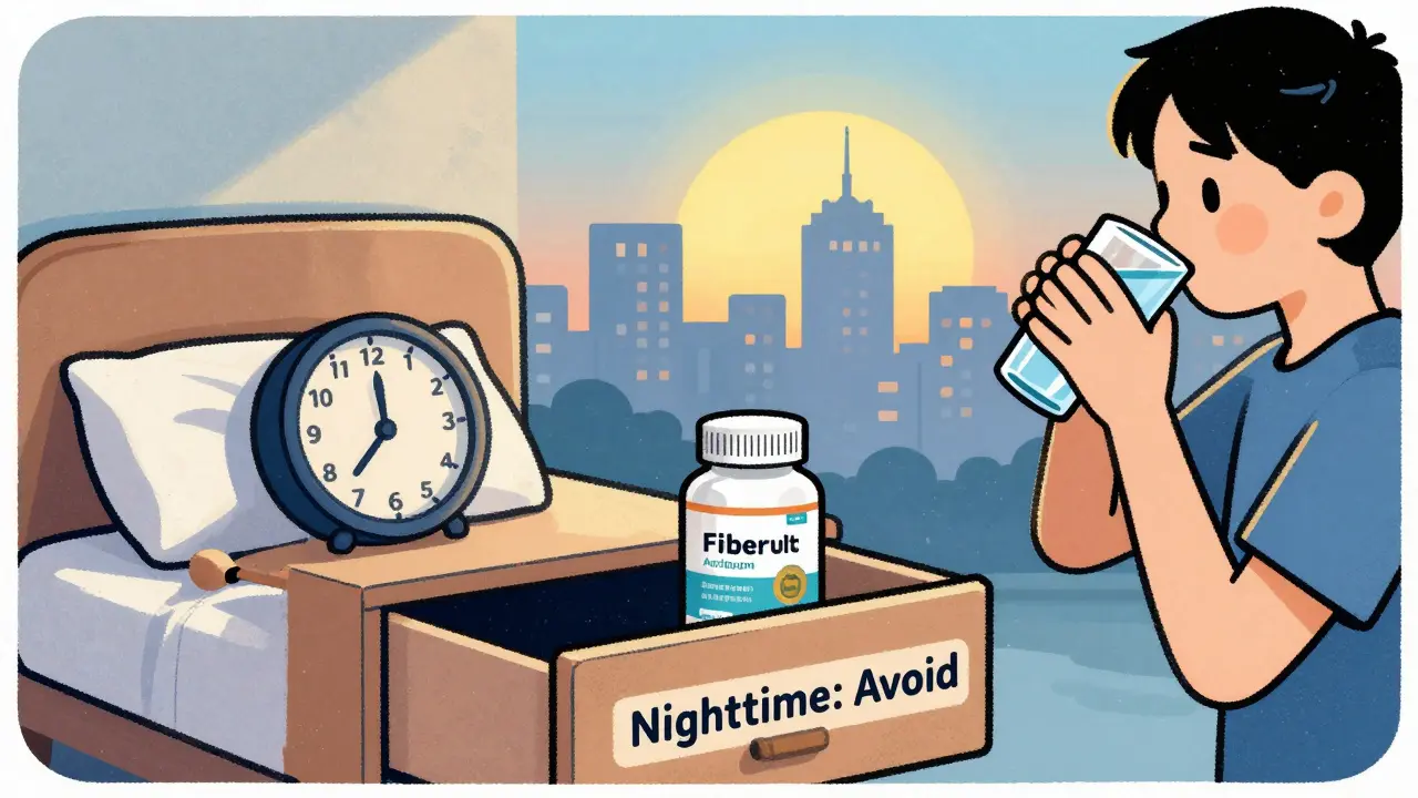A fiber supplement is stored away at night to avoid sleep disruption, with morning light symbolizing safer timing.