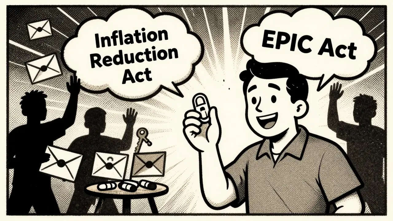 A patient holding generic and brand pills, sunlight breaking through policy-themed clouds.