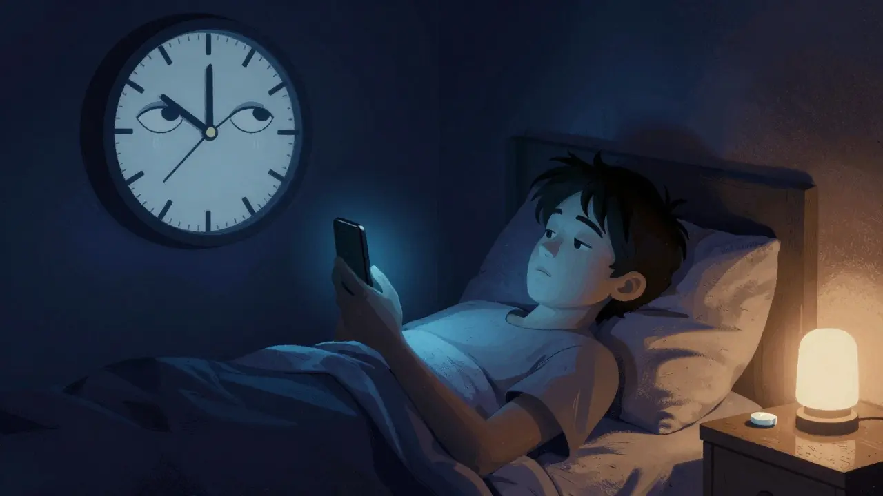 A person wide awake at 3 a.m. under blue phone light, with a glowing light box nearby.