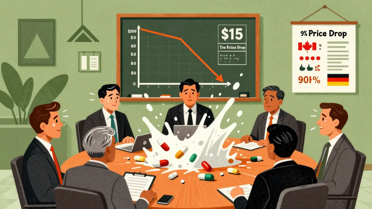 Corporate executives overwhelmed by a wave of generic pills, with falling price graphs behind them.