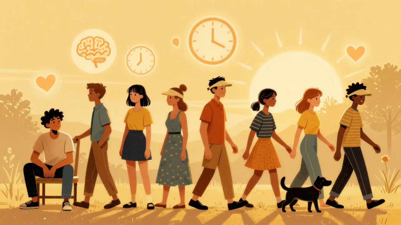 Diverse people illuminated by therapeutic light, with symbolic icons floating above.