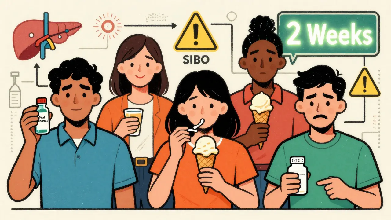 Diverse people interacting with digestive health tools, framed by medical flowchart elements.