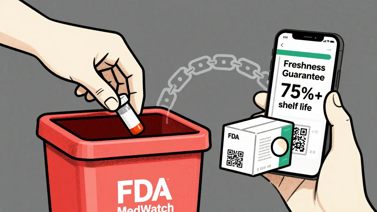 Expired medication being disposed of while fresh replacement arrives with QR code and blockchain graphic.