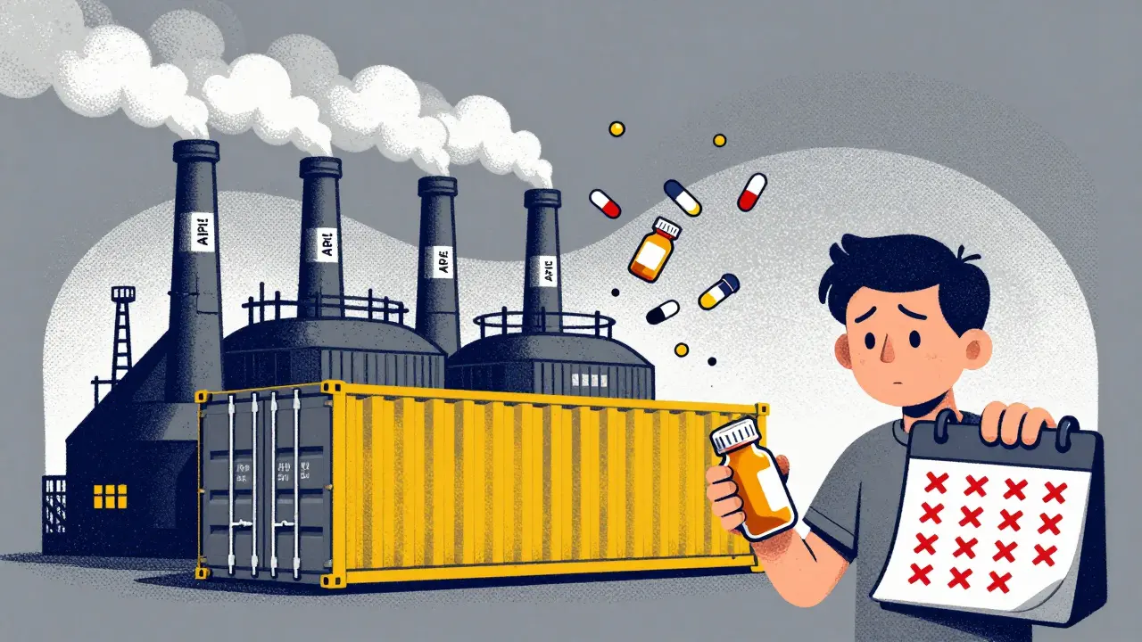 Factory in China producing APIs that turn into pills falling into a shipping container, while a patient holds an empty pill bottle.