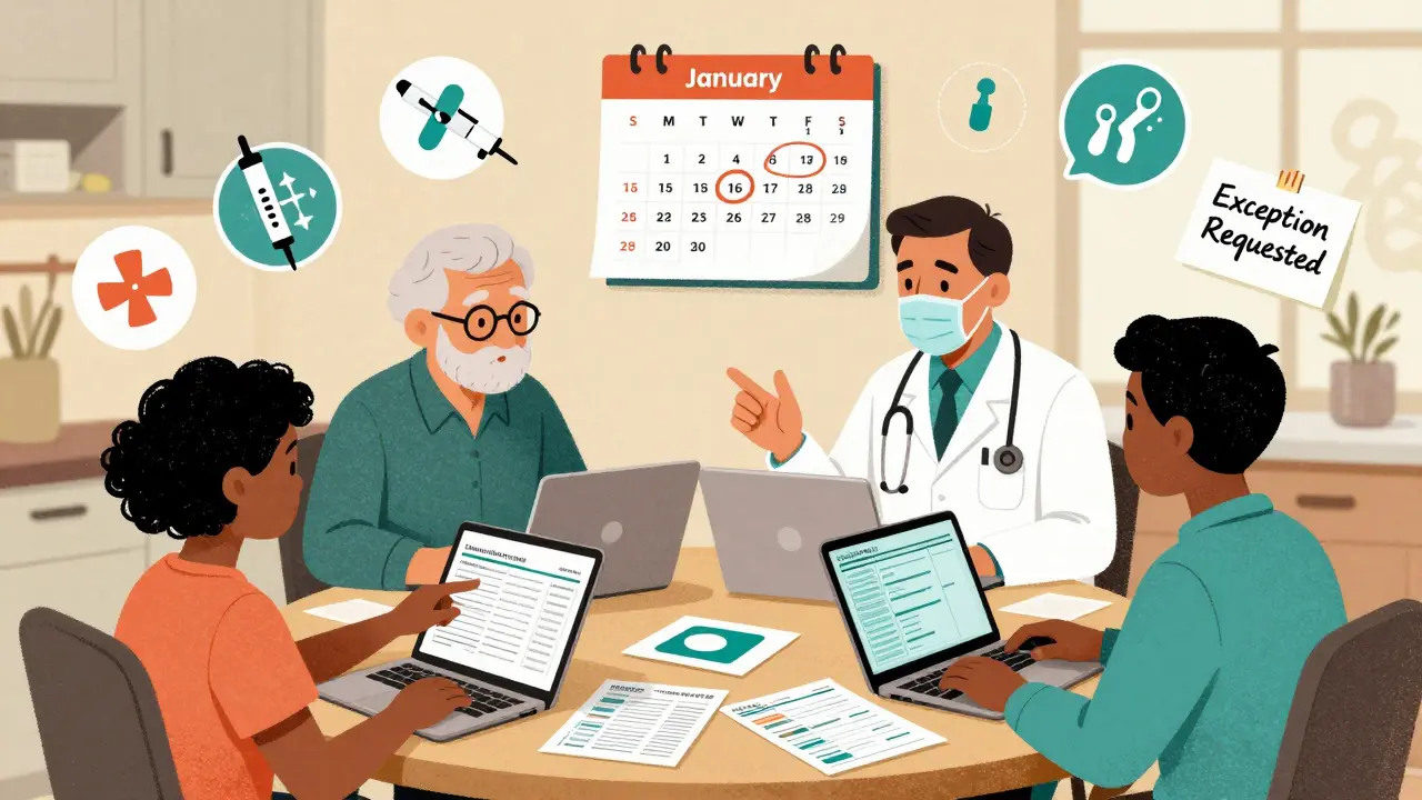 Family reviewing formulary at kitchen table with doctor's note for exception, calendar marked for January 2026.