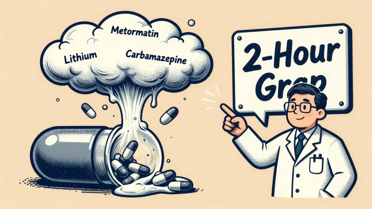 Fiber gel traps medication pills, with a pharmacist warning to maintain a 2-hour gap.