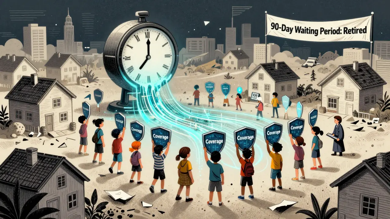 Futuristic scene with crumbling paper forms replaced by glowing data links, children holding 'Coverage' shields as a 90-day clock melts away.