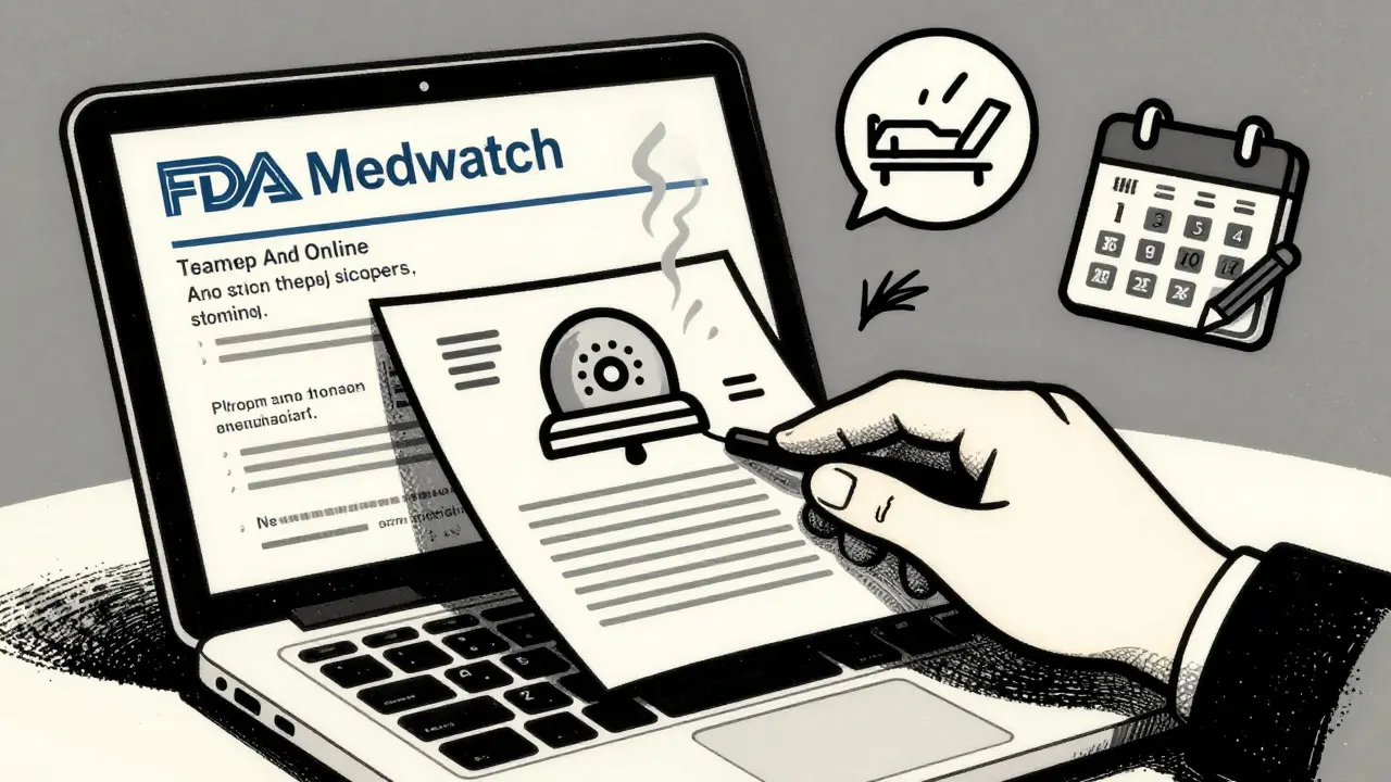 Hand submitting a MedWatch report online, with symptom icons and a smoke alarm rising from the keyboard.