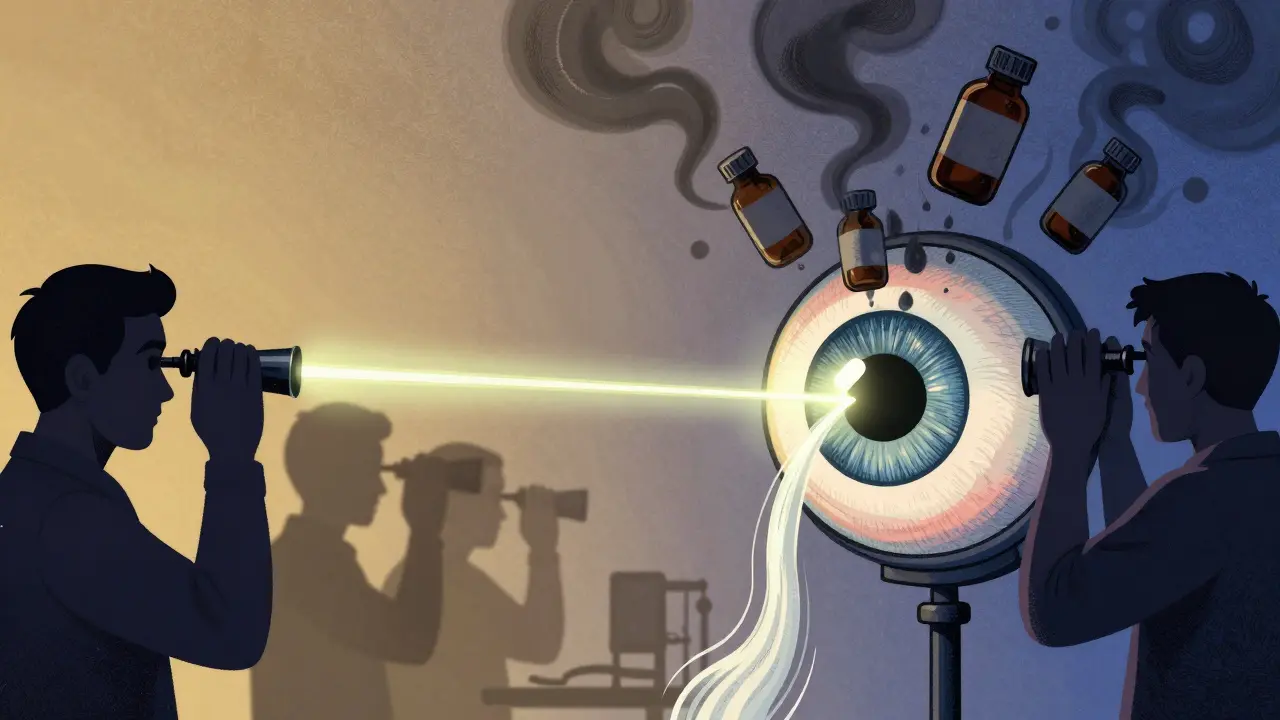 Laser creating a tiny hole in the iris to restore fluid flow, medication bottles dissolving behind.