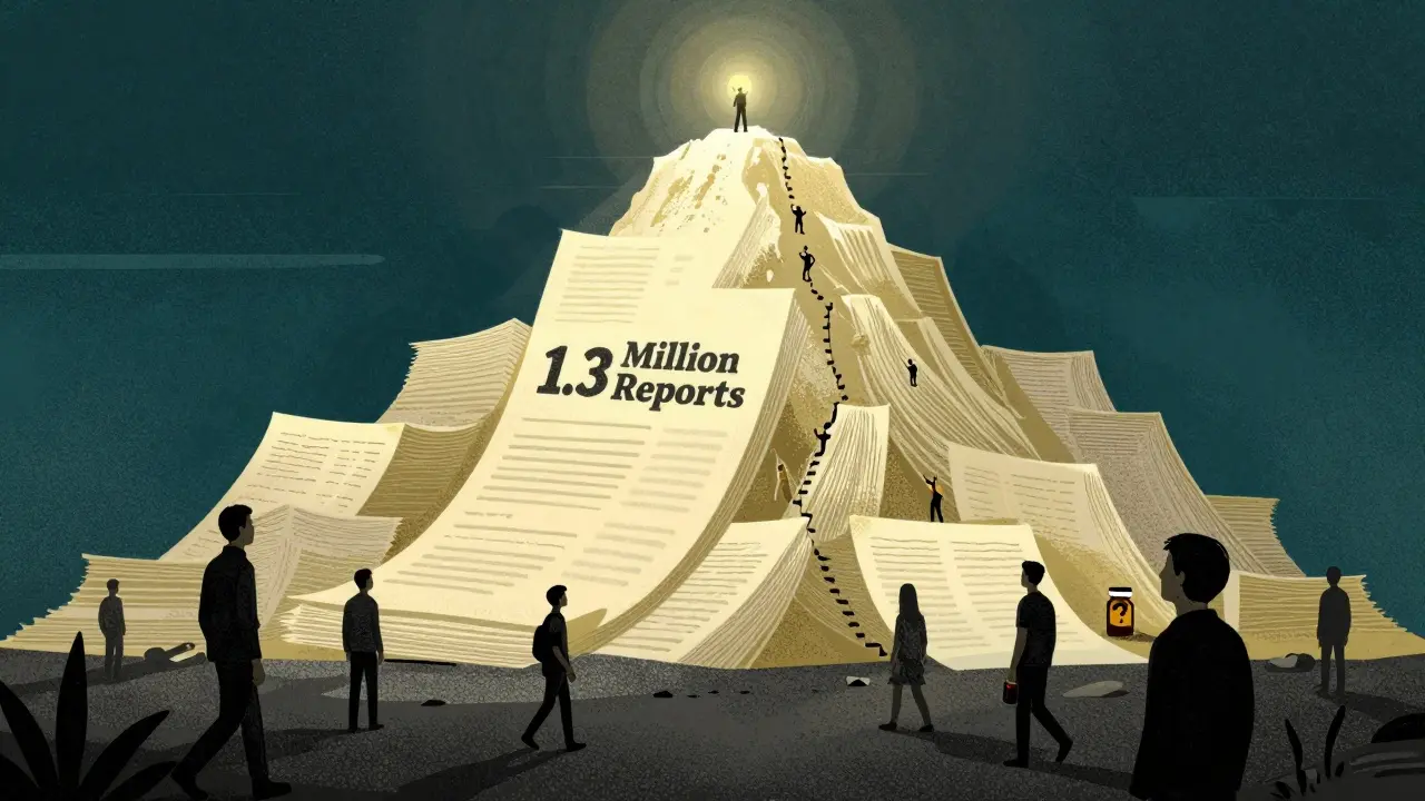 Mountain of adverse event reports climbing toward a light, symbolizing hidden dangers being uncovered.