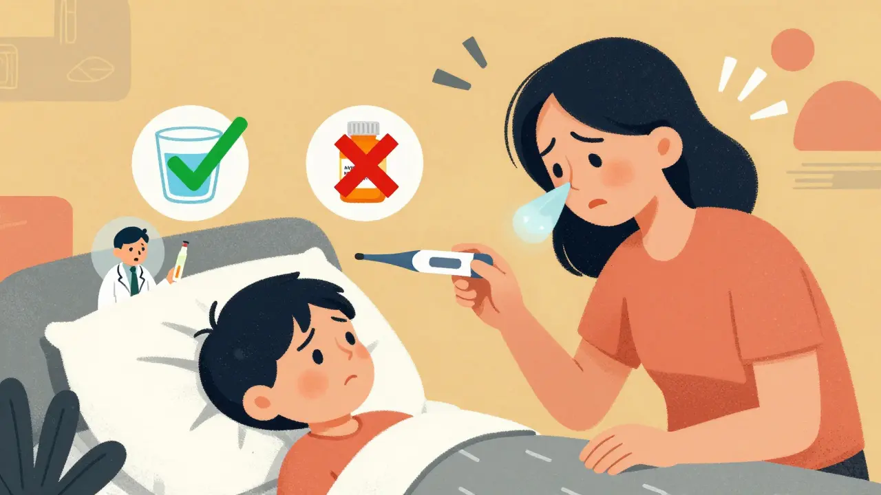 Parent and child with icons showing rest, hydration, and no antibiotics, surrounded by abstract sickness shapes.