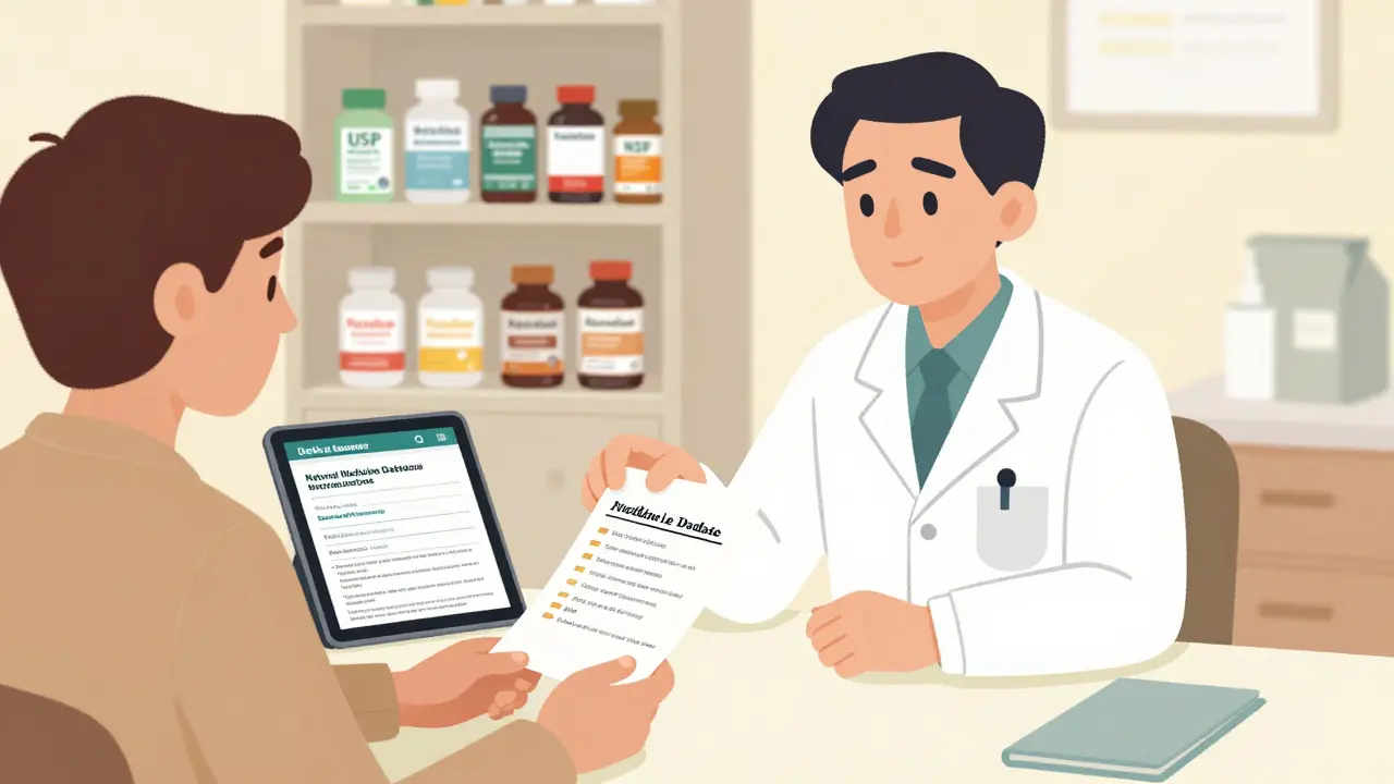Patient gives supplement list to caring doctor, tablet showing verified safety data, certified bottles on shelf behind them.