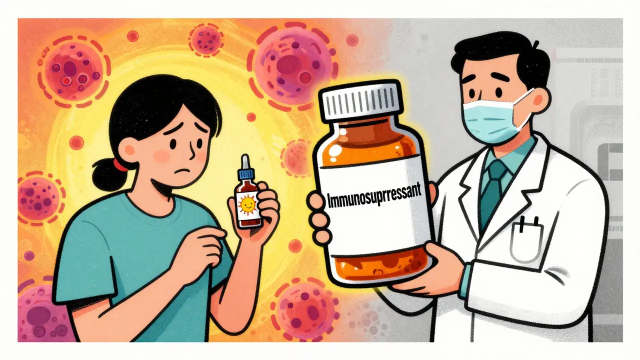 Patient holding echinacea bottle beside doctor, split background showing immune activation versus suppression.
