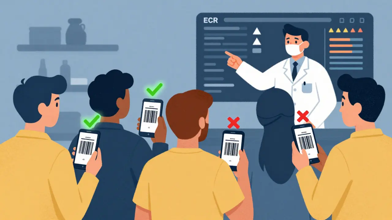 People scanning medicine barcodes with phones, green checkmarks and red X’s, pharmacist guiding with digital alerts.