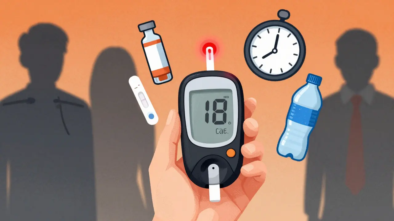 Person checking blood sugar with emergency supplies floating nearby, shadowy figures ignoring alerts in screenprint style.