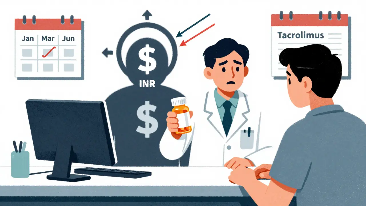 Pharmacist giving generic medication while insurance icon looms and blood level graphs spike out of range.