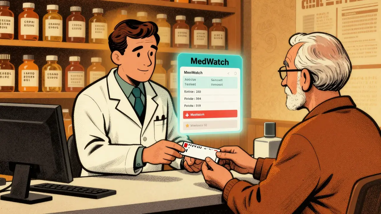 Pharmacist giving prescription to patient while a MedWatch app glows beside them with recall data.