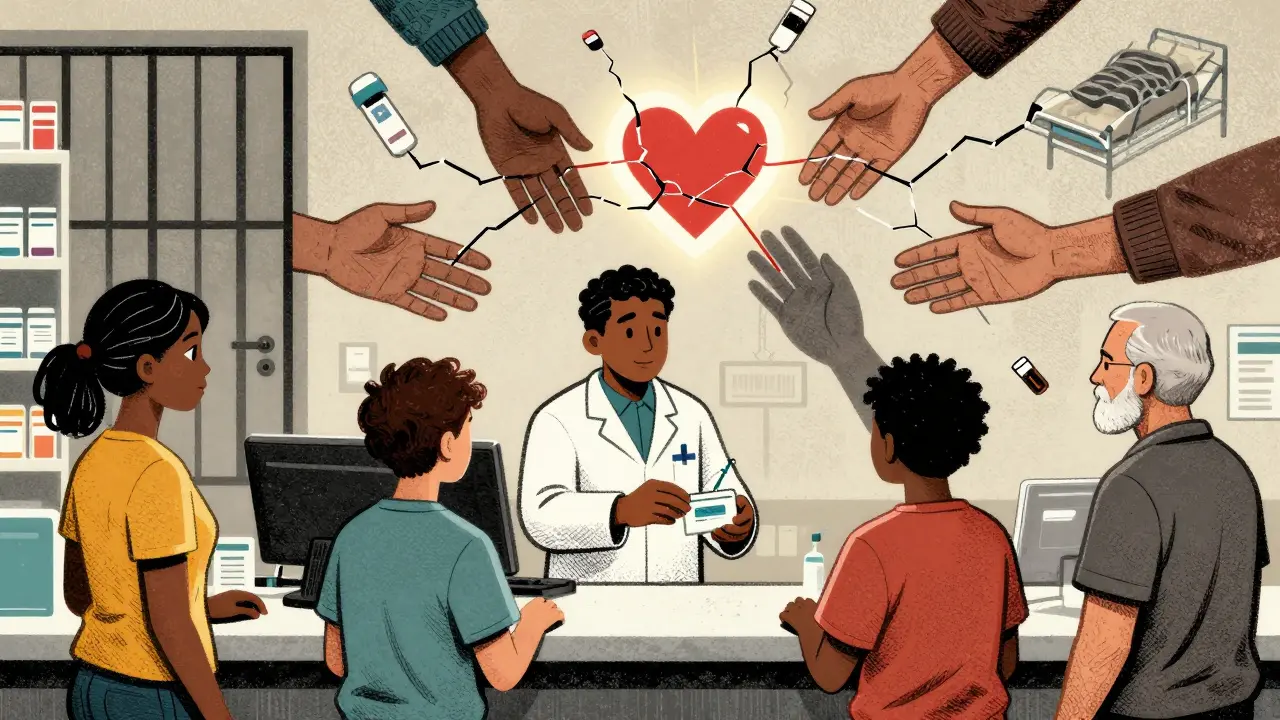 Pharmacist handing naloxone kit to community members, with mural showing broken systems and a connecting heart.