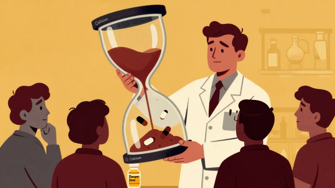 Pharmacist with hourglass separating minerals and meds, patients hesitating over supplements.