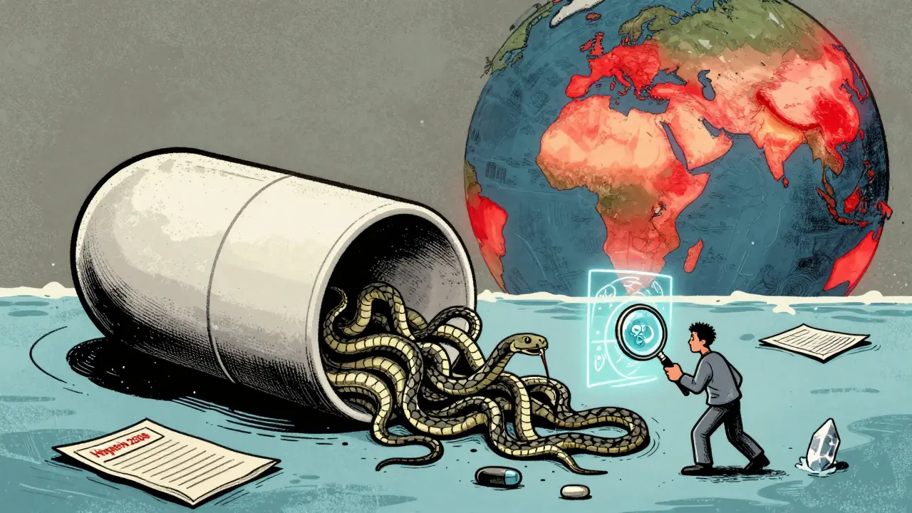 Pill dissolving into snakes and fake certificates, globe with red hotspots of counterfeit drug sources.