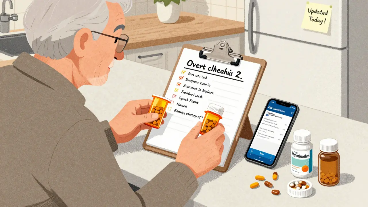 Senior adult checking pill bottles against a handwritten medication list on a clipboard.