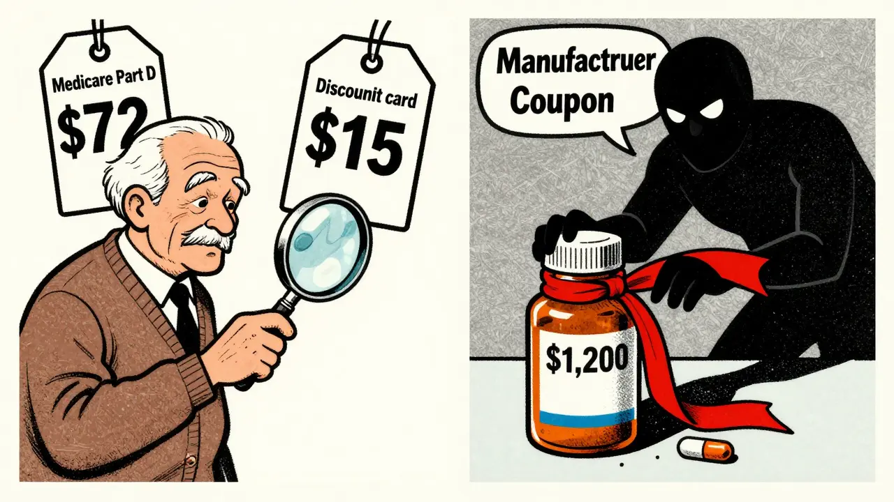Senior comparing Medicare price tag with discount card price, brand-name pill tied with coupon ribbon.