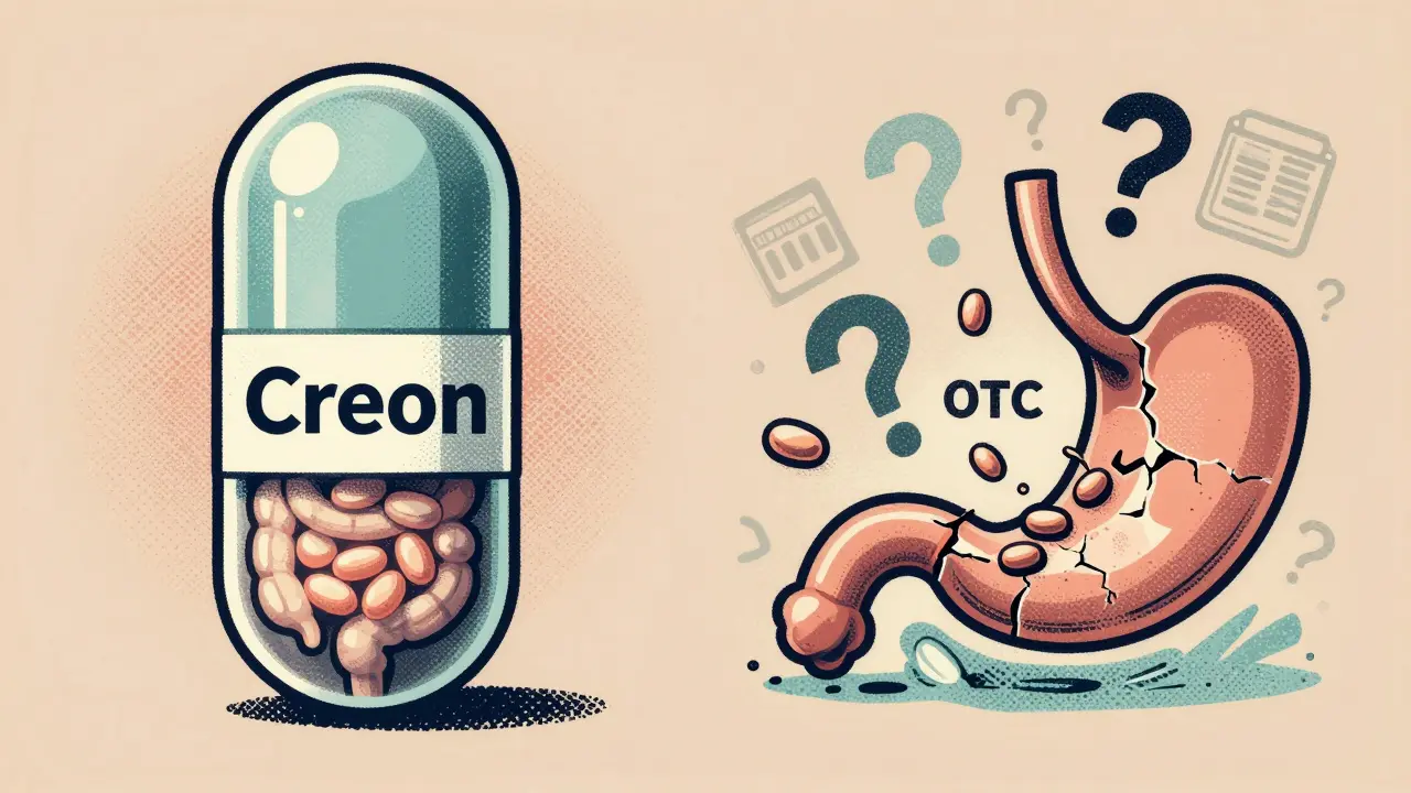 Side-by-side comparison of prescription and OTC enzyme capsules with contrasting effectiveness.