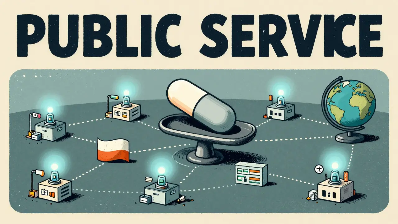 Small automated microfactories across North America, Europe, and Latin America connected to hospitals, symbolizing diversified drug production.
