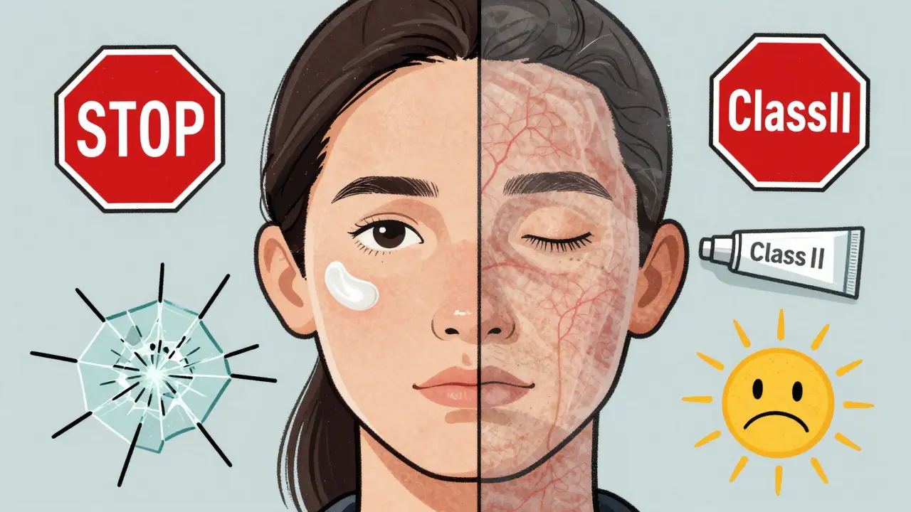 Split-face image: healthy skin vs. thin, damaged skin from steroid overuse, with warning symbols.