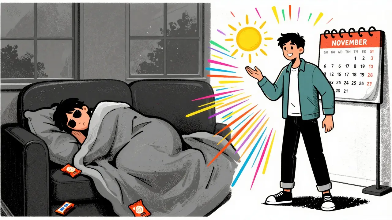 Split illustration: person feeling low vs. energized after using light therapy.